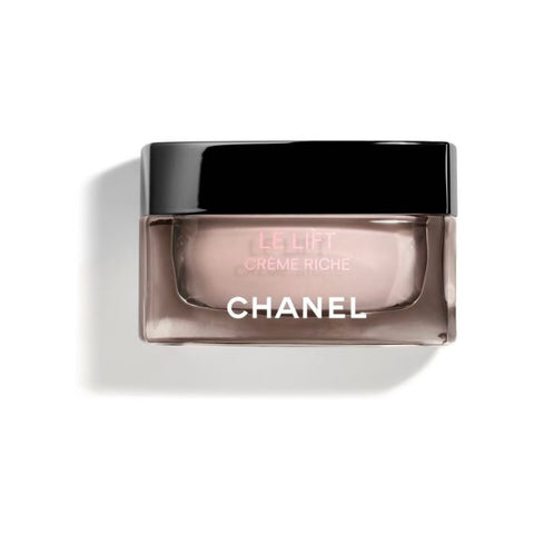 Chanel Le Lift Crème Riche 50ml jar with luxurious cream, displayed in a sleek container on a neutral background.