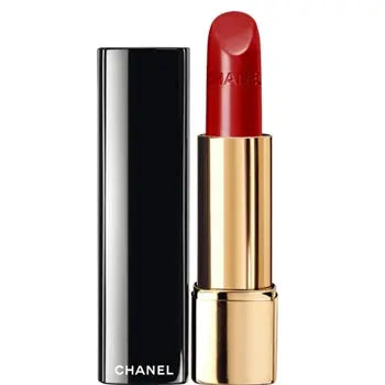 Chanel Rouge Allure Luminous Intense Lip Colour in shade 104 Passion, featuring a close-up of the vibrant lipstick application.