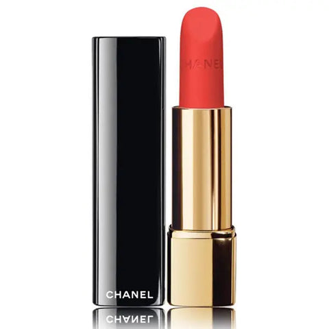 Chanel Rouge Allure Velvet Luminous Matte Lip Colour in shade 43 La Favorite, showcasing the rich, velvety lipstick application.