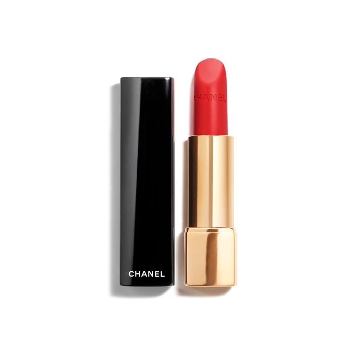 Jag Couture London-New York Chanel Rouge Allure Velvet Lip Colour 57 Rouge Feu in luminous matte finish, showing the vibrant red lipstick.