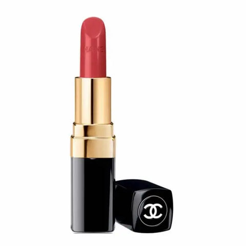 Chanel Rouge Coco Lipstick 442 Dimitri held in hand, showcasing its sleek packaging and rich coral shade.