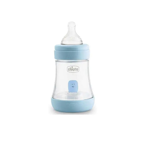 Blue silicone Chicco Bottle Perfect5 0M+ 150ml designed for babies, featuring a sleek, ergonomic design for easy feeding.