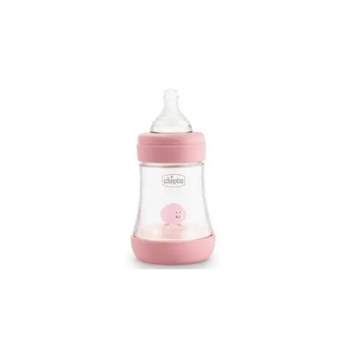 Pink silicone Chicco Perfect5 baby bottle for 0M+ with 150ml capacity, designed for infants, by Jag Couture London New York.