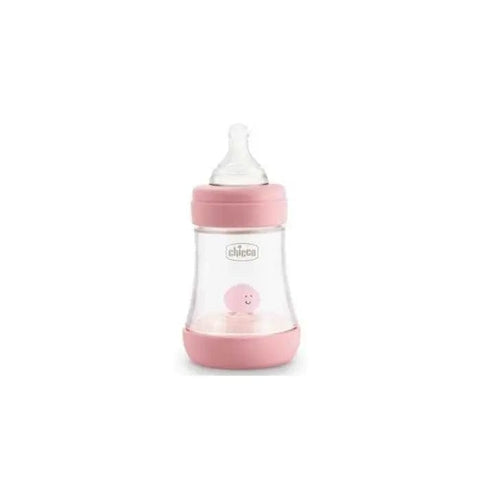 Pink silicone Chicco Perfect5 baby bottle for 0M+ with 150ml capacity, designed for infants, by Jag Couture London New York.