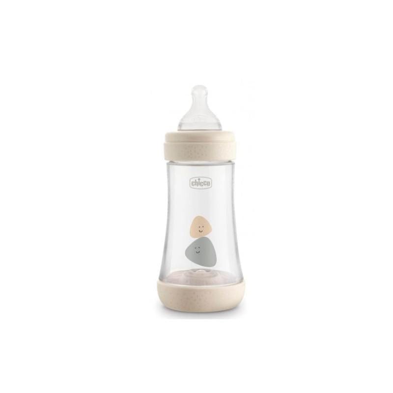 Chicco Perfect5 2M+ 240ml silicone baby bottle with neutral color, designed for infants over 2 months, by Jag Couture London New York