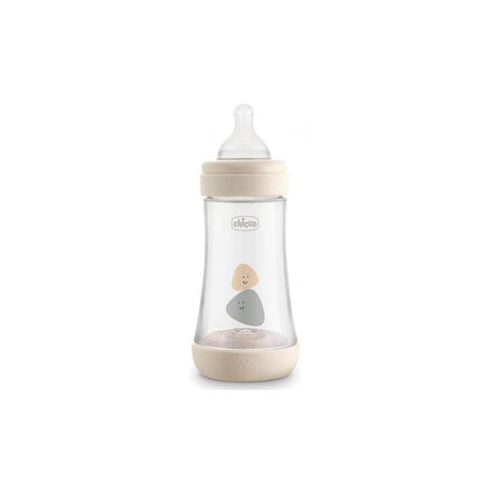 Chicco Perfect5 2M+ 240ml silicone baby bottle with neutral color, designed for infants over 2 months, by Jag Couture London New York