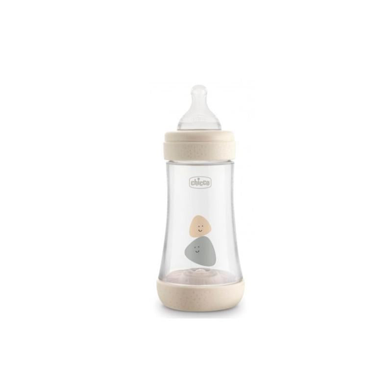 Chicco Perfect5 2M+ 240ml silicone baby bottle in neutral color, designed for infants aged 2 months and up.