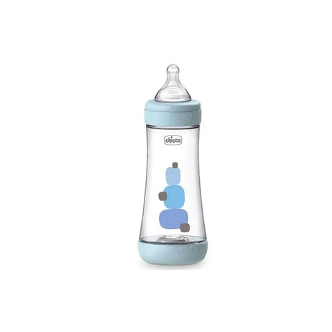 Blue silicone Chicco Perfect5 baby bottle for 4 months and up, 300ml, by Jag Couture London New York.