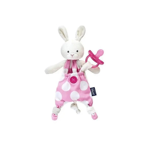 Pink Chicco Dummy Guardian Pocket Bunny with plush texture, designed for comfort and easy attachment, by Jag Couture London New York.