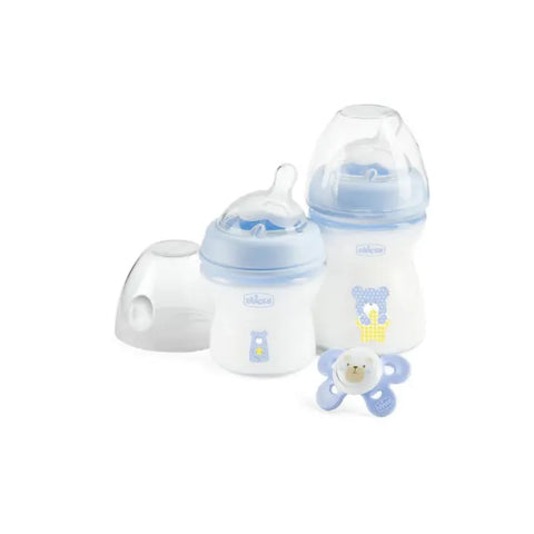 Chicco Natural Feeling Blue 0M+ baby set with three pieces, featuring soft fabric and blue color, by Jag Couture London New York