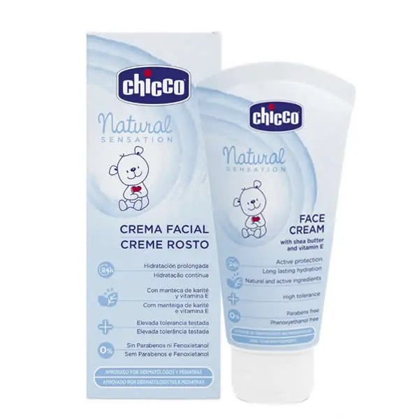 Chicco Natural Sensation Face Cream 50ml jar with smooth white cream and minimalist label, designed for gentle skincare.