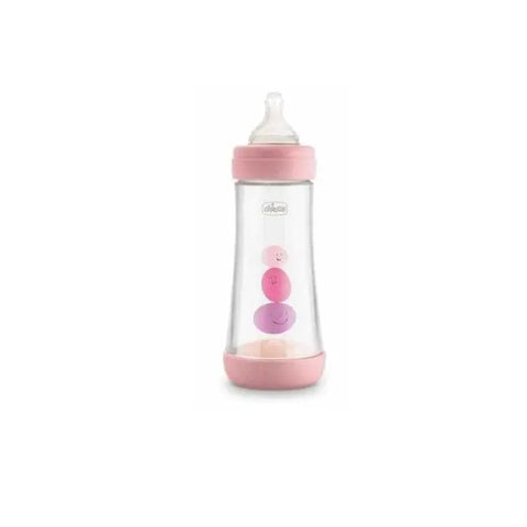 Pink silicone Chicco Perfect5 baby bottle for 4 months+ with 300ml capacity, by Jag Couture London New York.