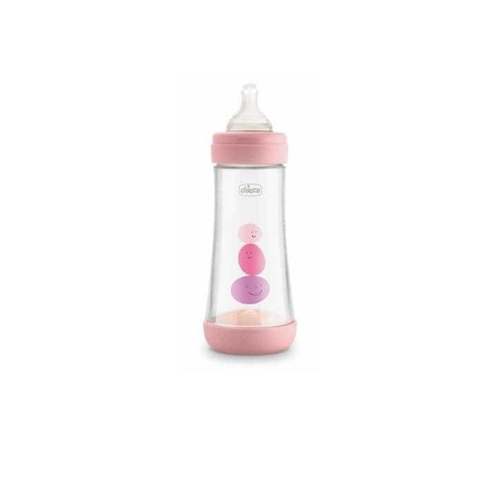 Pink silicone Chicco Perfect5 baby bottle for 4 months and older, 300ml, designed for easy feeding from Jag Couture London.
