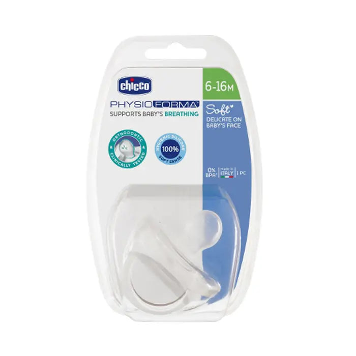 Chicco Physioforma silicone pacifier for 6-16 months, single unit, designed for soothing comfort for infants.