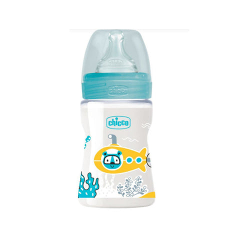 Blue Chicco Well-Being Colors silicone feeding bottle with slow flow anti-colic system for infants, 150ml, suitable for 0 months+