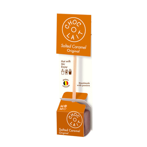 Jag Couture London - New York Choc-o-Lait salted caramel Belgian drinking chocolate sticks in a box, ready to enjoy a rich, flavored hot chocolate.
