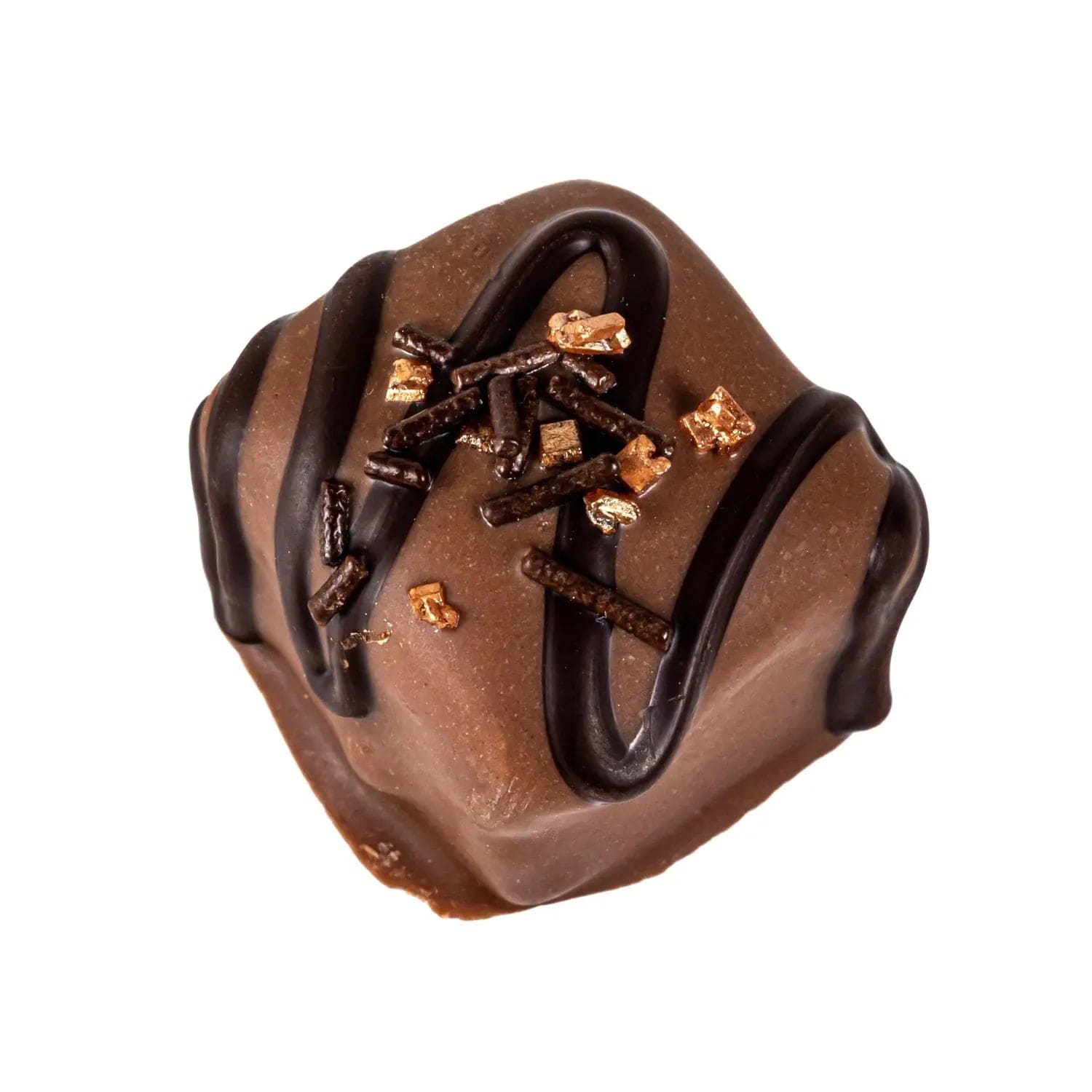 Milk chocolate fudge with plain stripe and glamour sprinkles in a 19g Jag Couture London - New York package.