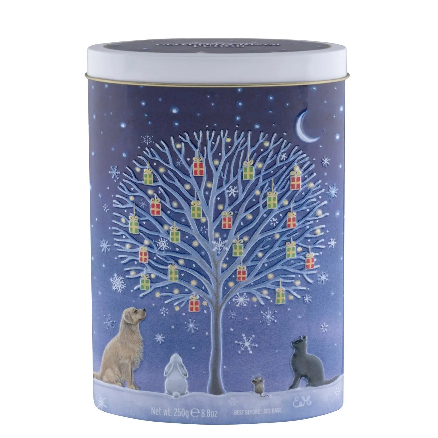 Christmas gift tree tin of Jag Couture London-New York clotted cream fudge, featuring assorted sweet treats in a festive container.