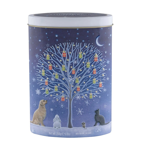 Christmas gift tree tin of Jag Couture London-New York clotted cream fudge, featuring assorted sweet treats in a festive container.