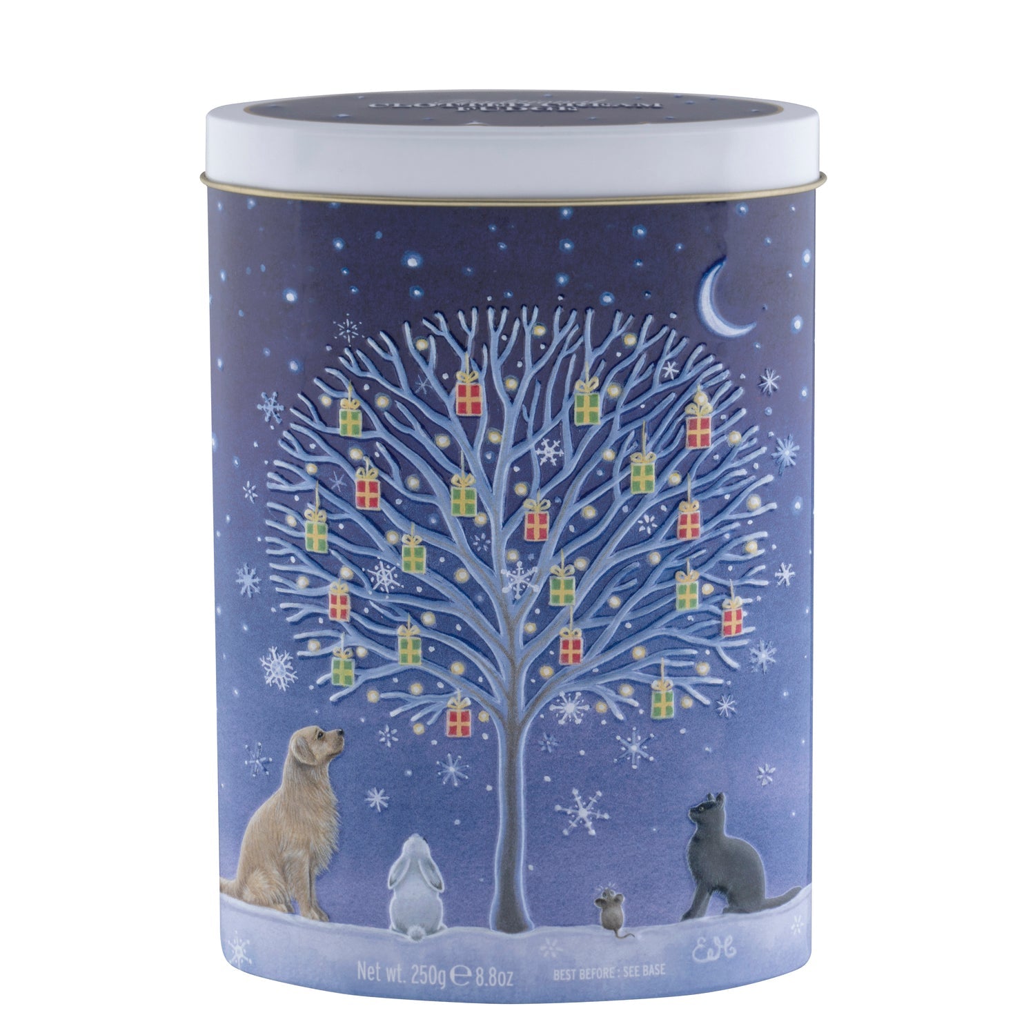 Christmas gift tree tin of Jag Couture London New York clotted cream fudge with festive holiday packaging.