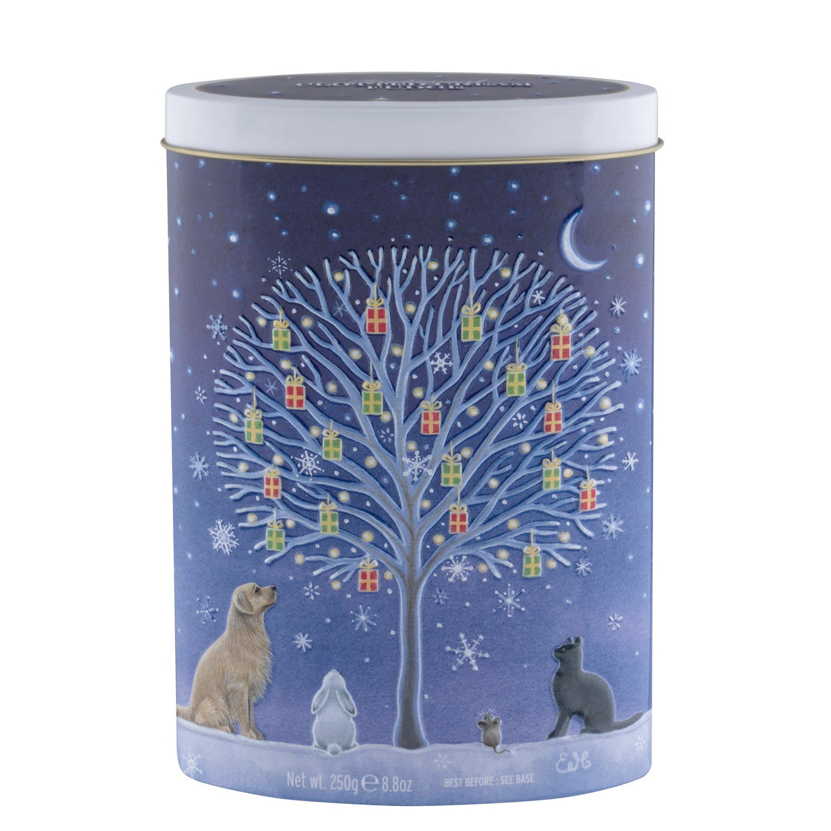 Christmas gift tree tin of Jag Couture London New York clotted cream fudge with festive holiday packaging.