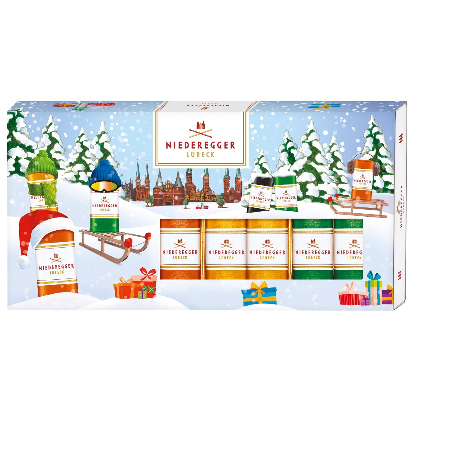 Christmas Marzipan Classics in a festive box featuring pistachio, orange, pineapple, and espresso flavors by Jag Couture London New York