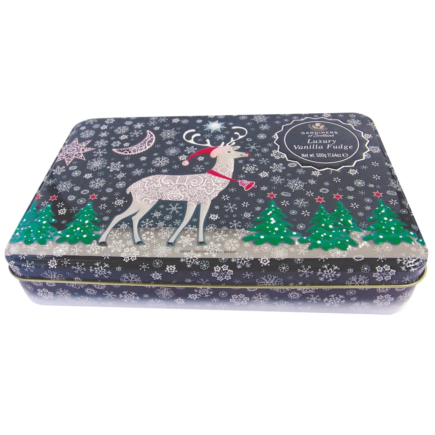 Christmas Reindeer tin of vanilla fudge by Jag Couture London - New York, featuring festive reindeer design and creamy vanilla fudge inside.