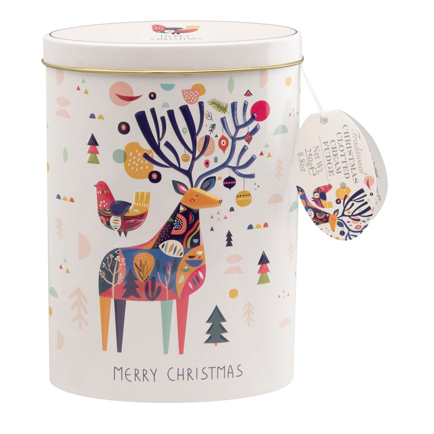 Christmas stag tin of clotted cream fudge by Jag Couture London - New York, featuring festive packaging with creamy fudge inside.