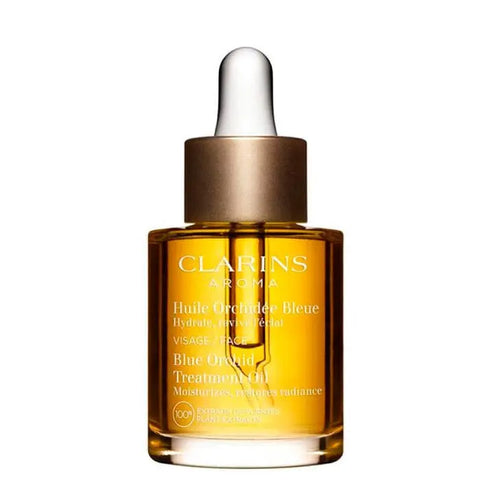 Clarins Blue Orchid Face Treatment Oil for dehydrated skin, 30ml, in a clear glass bottle with dropper applicator.