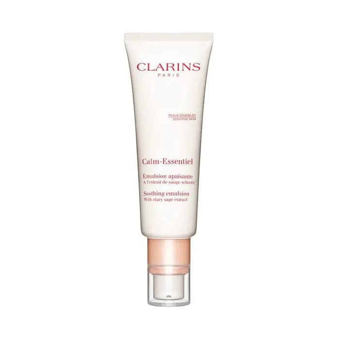 Clarins Calm-Essentiel Soothing Emulsion 50ml in a white bottle with a pump, designed for sensitive skin.