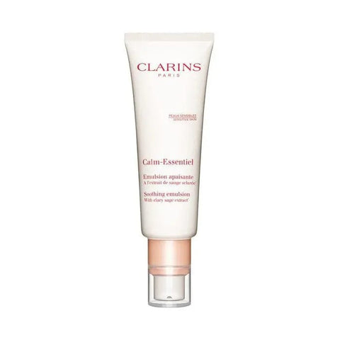 Clarins Calm-Essentiel Soothing Emulsion 50ml in a white bottle with a pump, designed for sensitive skin.