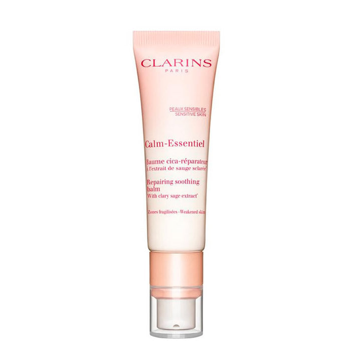 Clarins Calm-Essentiel Soothing Repairing Balm 30ml jar with beige lid and label, designed for calming and repairing skin.