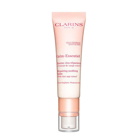 Clarins Calm-Essentiel Soothing Repairing Balm 30ml jar with beige lid and label, designed for calming and repairing skin.