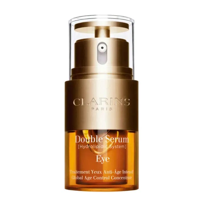 Jag Couture London New York Clarins Double Serum Eye 20ml bottle with sleek packaging and applicator for eye care.