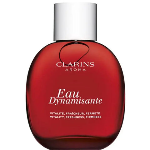Clarins Eau De Soin Eau Dynamisante 100ml bottle, a refreshing fragrance with a sleek design and clear label, on a white background.