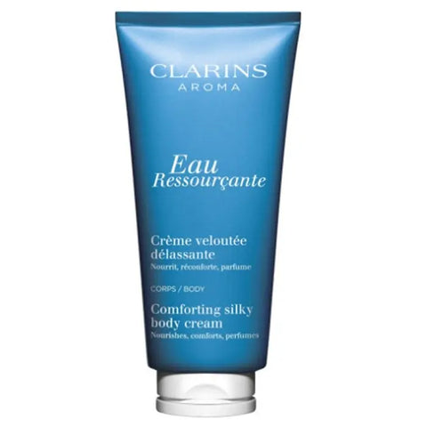 Clarins Eau Ressourçante Comforting Silky Body Cream in a 200ml jar, featuring a smooth, nourishing texture and calming scent.