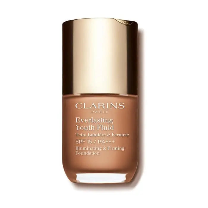 Clarins Everlasting Youth Fluid Foundation SPF15 in Sandalwood 112.3, 30ml bottle, with smooth liquid texture and foundation pump.