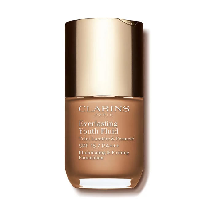 Clarins Everlasting Youth Fluid Foundation SPF15 in shade 113 Chestnut, 30ml, with a sleek bottle and foundation applicator.