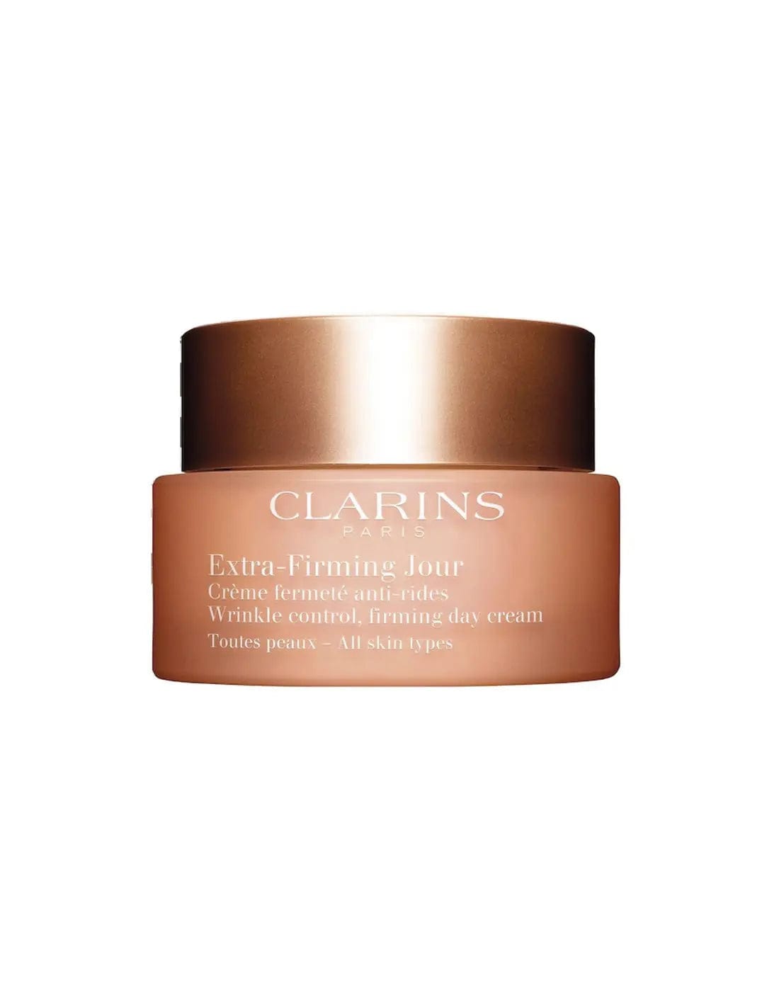 Clarins Extra Firming Day Cream for all skin types in 50ml jar, featuring skincare benefits and elegant packaging.