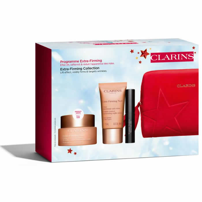Set of four Clarins Extra-Firming Jour 50ml skincare products by Jag Couture London - New York, featuring bottles with pump dispensers.