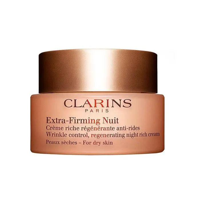 Clarins Extra Firming Nuit Crème Riche for dry skin in a 50ml jar, displayed with elegant packaging.