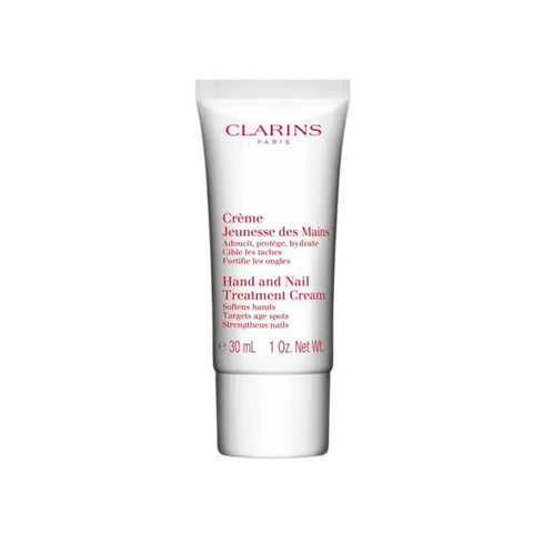 Jar of Clarins Hand and Nail Treatment Cream in 30ml container, featuring smooth cream for nourishing hands and nails.