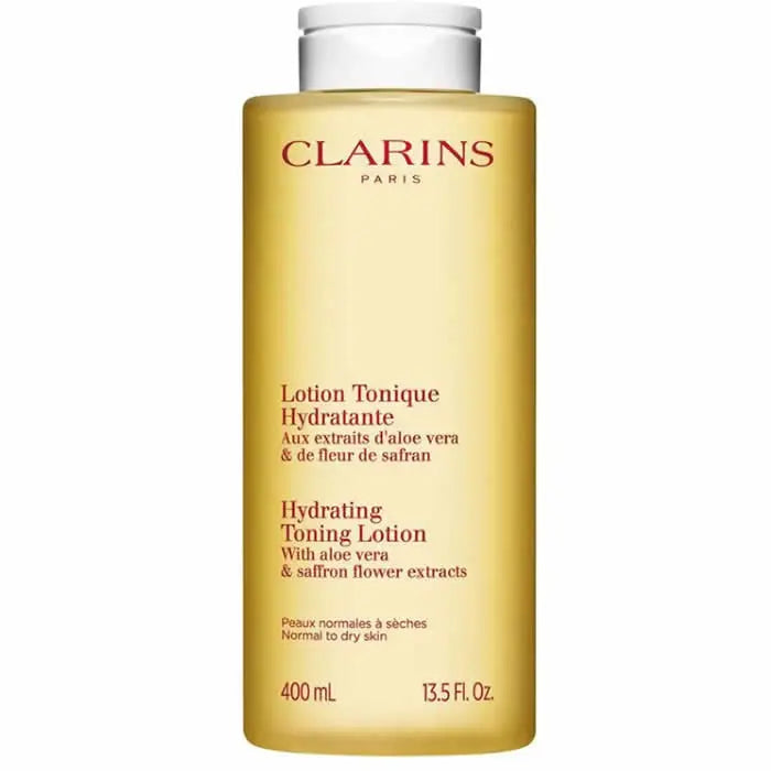 Clarins Hydrating Toning Lotion in 400ml bottle, displayed with minimalist packaging and branding from Jag Couture London - New York.