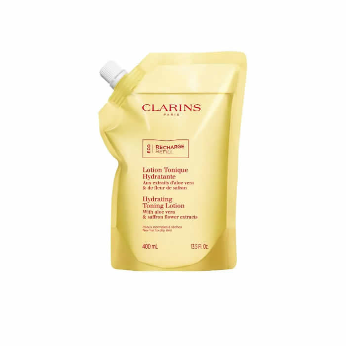 Clarins Hydrating Toning Lotion refill in a 400ml bottle with a sleek design, ideal for refreshing and hydrating skin.