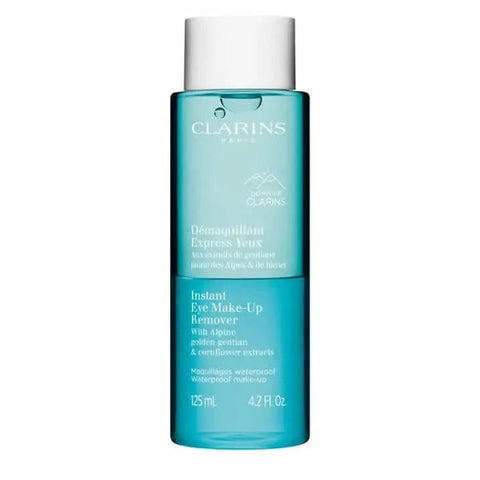 Clarins Instant Eye Make Up Remover 125ml bottle, clear liquid eye makeup remover with a white cap, displayed on a white background.