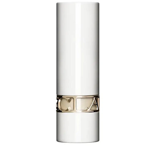 Clarins Joli Rouge L'Écrin White lipstick in a sleek white case, featuring a close-up of the elegant product.
