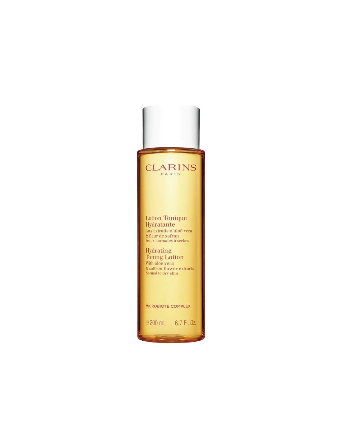 Clarins Hydrating Tonic Lotion for dry and normal skin in 200ml bottle, displayed with a clean, minimalist background.