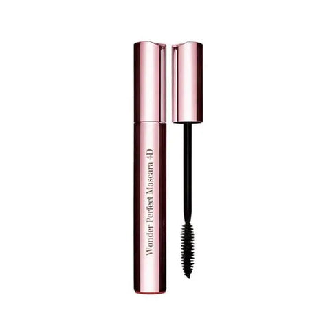 Clarins Wonder Perfect 4D Mascara in Black with volumizing and lengthening brush, displayed on a clean background.