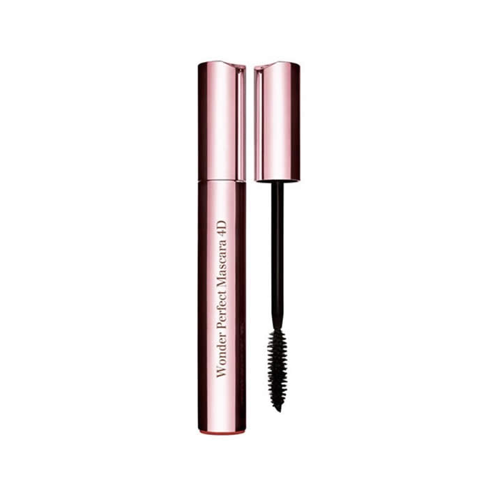 Clarins Wonder Perfect 4D Mascara in shade 01 Perfect Black, with a sleek black tube and a mascara brush applicator.