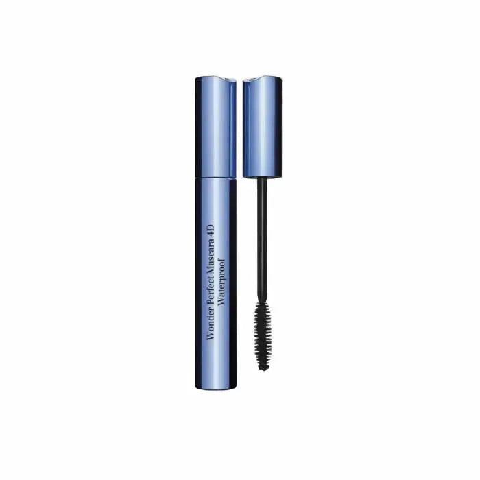Clarins Wonder Perfect 4D Mascara in 01 Perfect Black waterproof, showcasing the sleek mascara tube with a wand applicator.